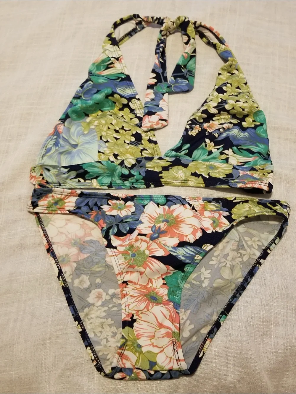 Prestige Kid’s Large Navy Two-Piece Bikini Set With A Multicolor Floral Pattern